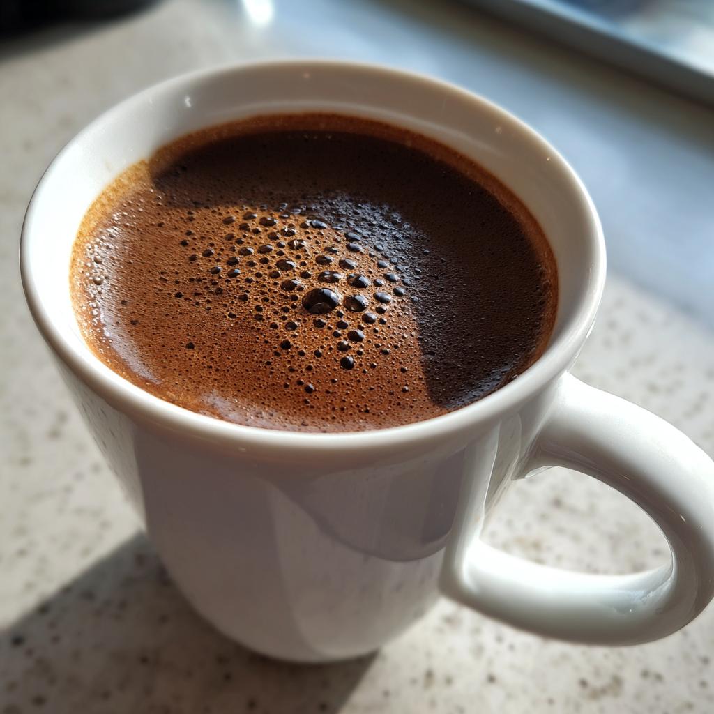 Taza de cerámica blanca llena de chocolate caliente viral espumoso y oscuro, con burbujas en la superficie.