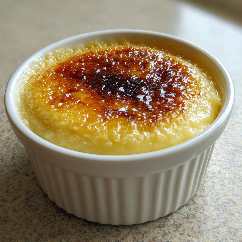 Primer plano de una crema catalana casera en un ramekin blanco con la capa de azúcar caramelizada dorada.