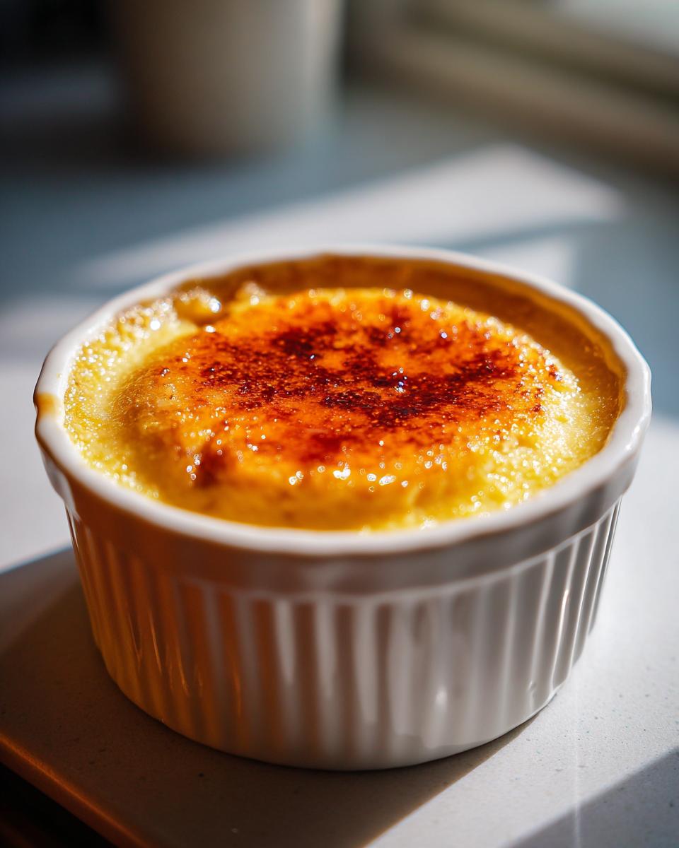 Primer plano de una deliciosa crema catalana casera con una capa superior de azúcar caramelizado.