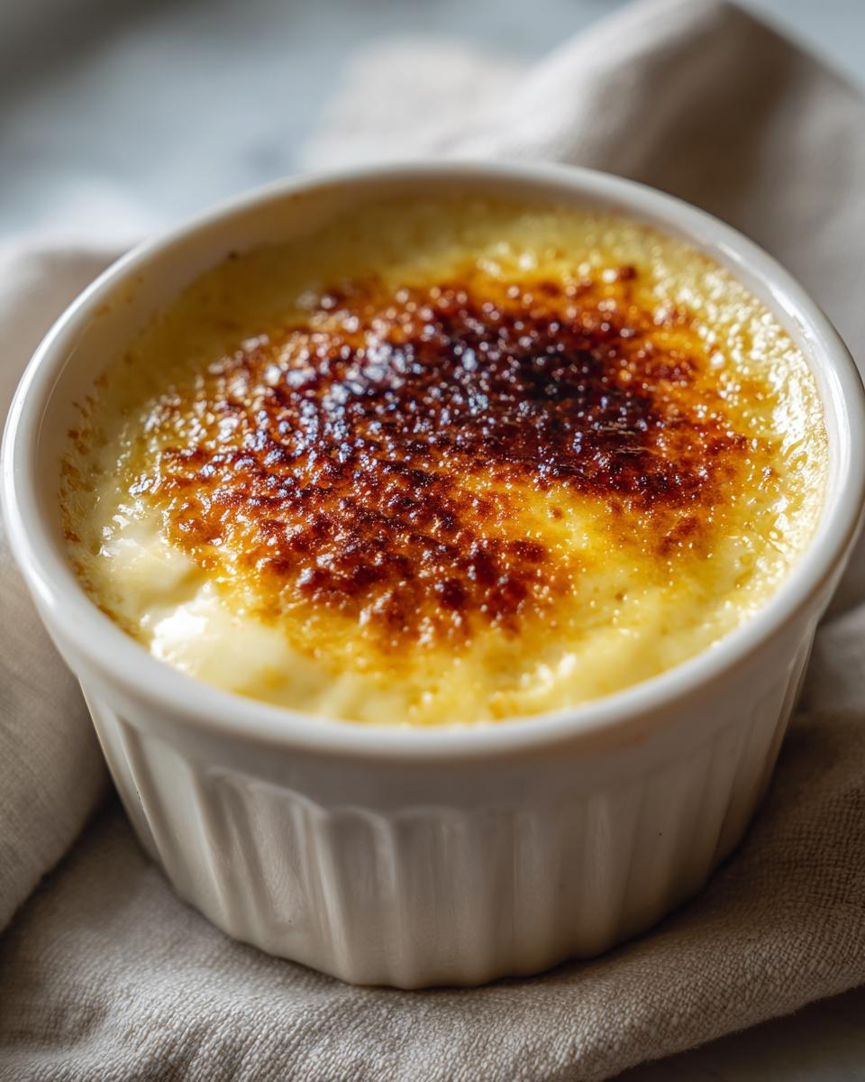 Primer plano de una crema catalana casera en un ramekin blanco con azúcar caramelizado.