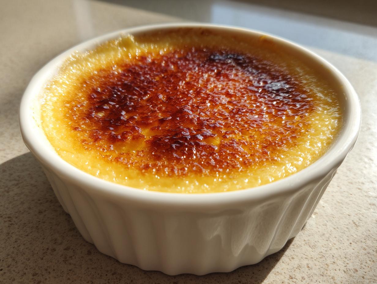 Primer plano de una crema catalana casera en un cuenco blanco con una capa superior de azúcar caramelizado dorado.
