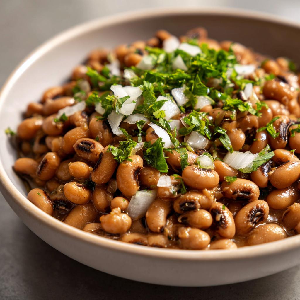 Primer plano de un tazón de frijoles caritas caseros, adornados con cebolla picada y perejil fresco.
