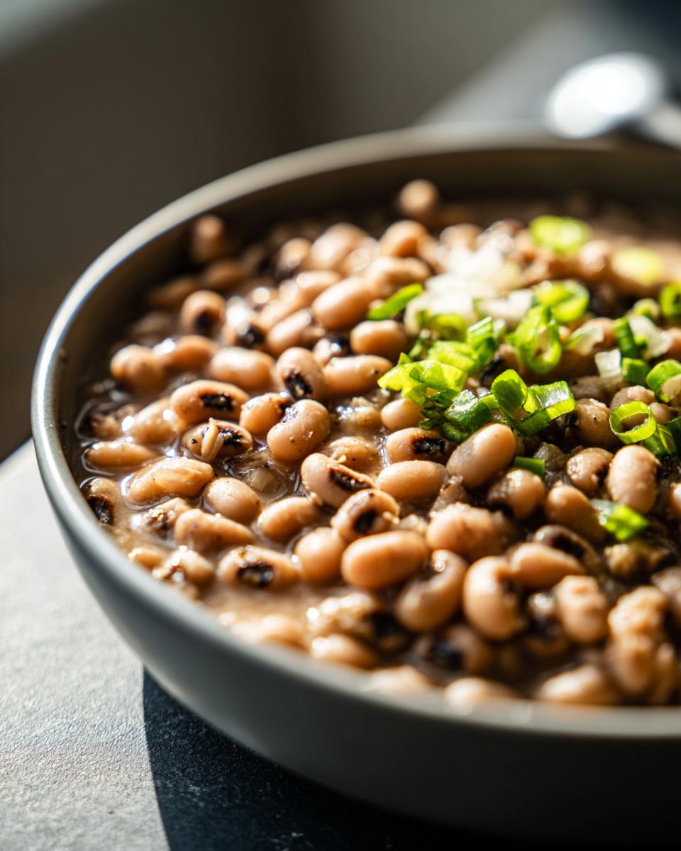 Primer plano de un tazón de deliciosa receta de frijoles caritas, adornado con cebolleta picada.