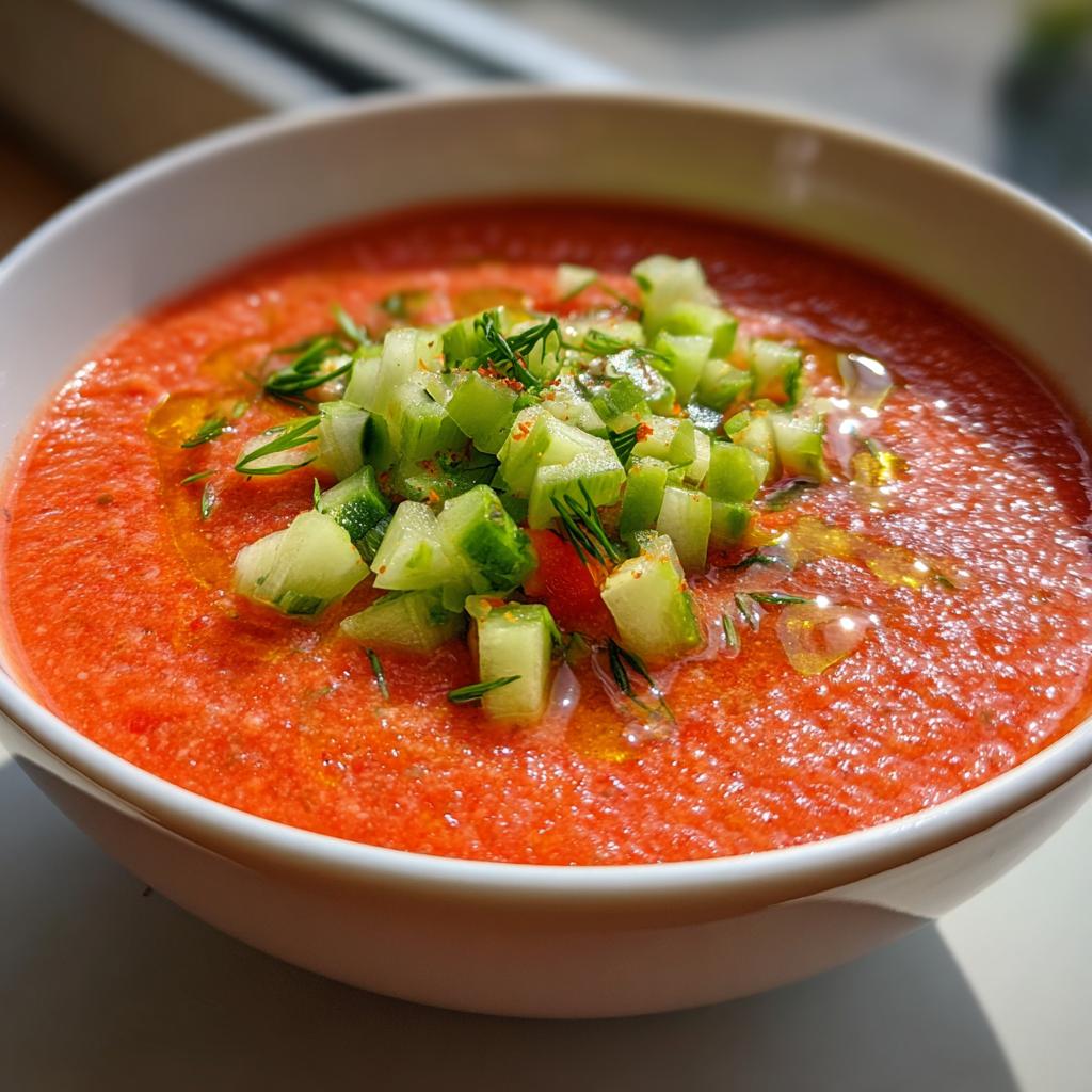 Primer plano de un cuenco de gazpacho andaluz casero, adornado con pepino picado, hierbas y un chorrito de aceite de oliva.