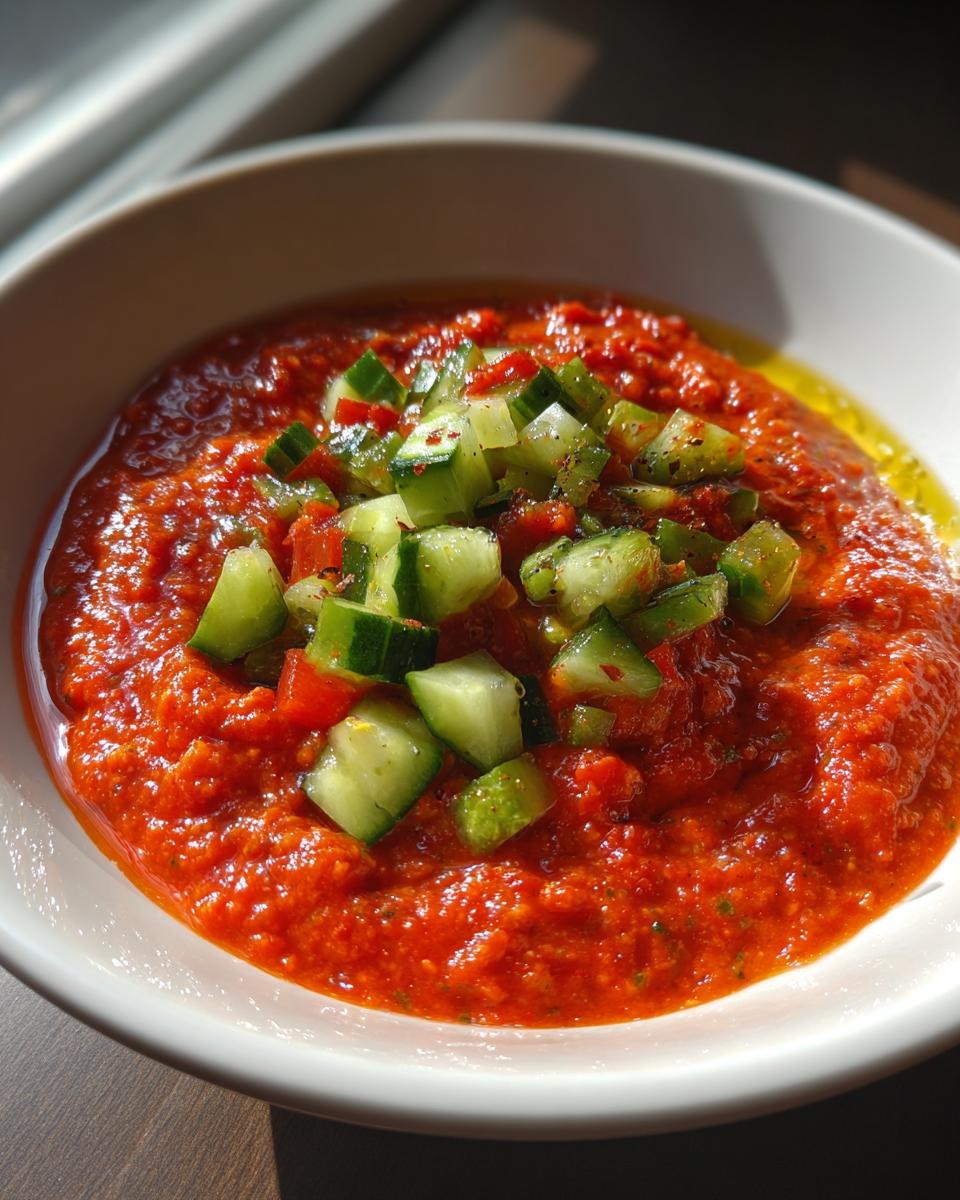 Primer plano de un cuenco blanco con gazpacho andaluz casero, adornado con pepino y tomate picados.