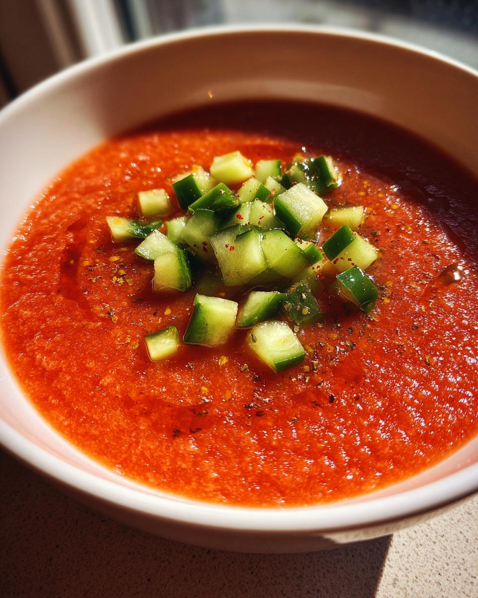 Un primer plano de un cuenco blanco lleno de gazpacho andaluz, adornado con cubos de pepino fresco y especias.