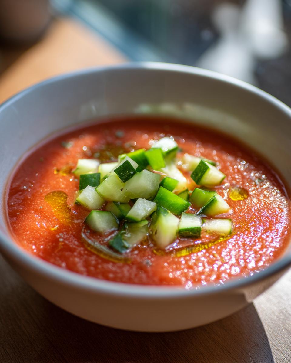 Primer plano de un cuenco de gazpacho andaluz casero, decorado con pepino picado y un chorrito de aceite de oliva.