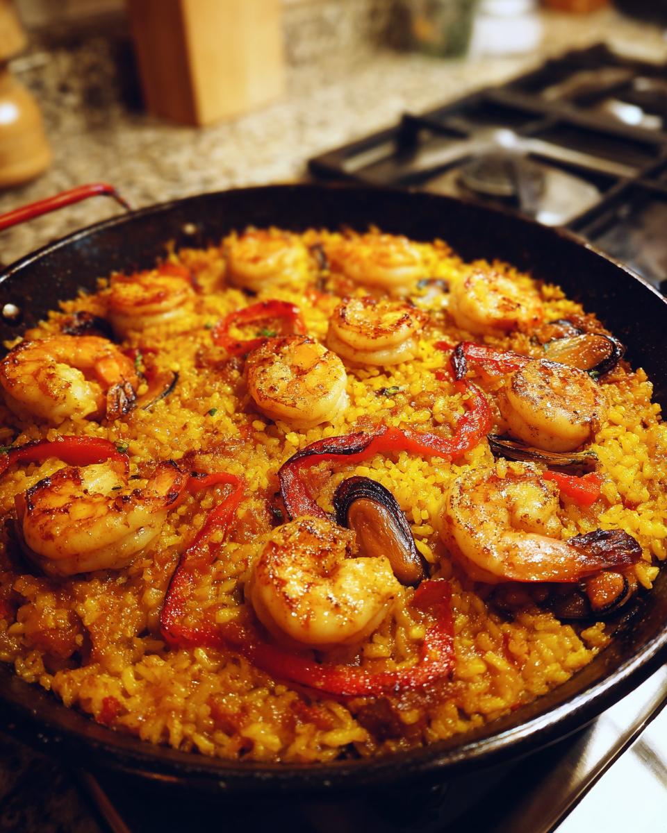 Primer plano de una paella tradicional con gambas, mejillones y pimientos rojos.