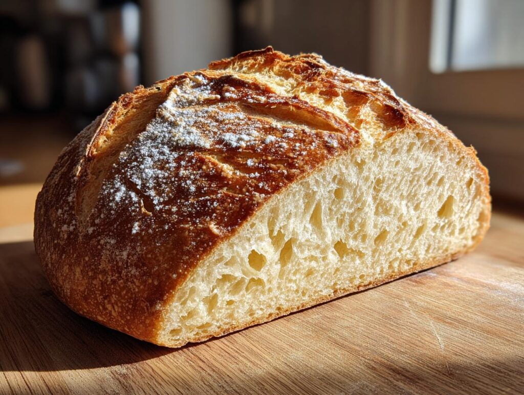 Primer plano de un pan casero fácil recién horneado, cortado por la mitad, mostrando su miga esponjosa y corteza dorada.