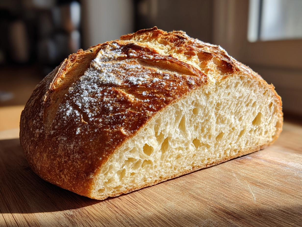 Primer plano de un pan casero fácil recién horneado, cortado por la mitad, mostrando su miga esponjosa y corteza dorada.
