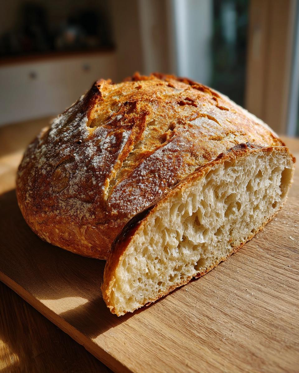 Primer plano de una rebanada de pan casero fácil, con corteza dorada y miga esponjosa, sobre una tabla de madera.