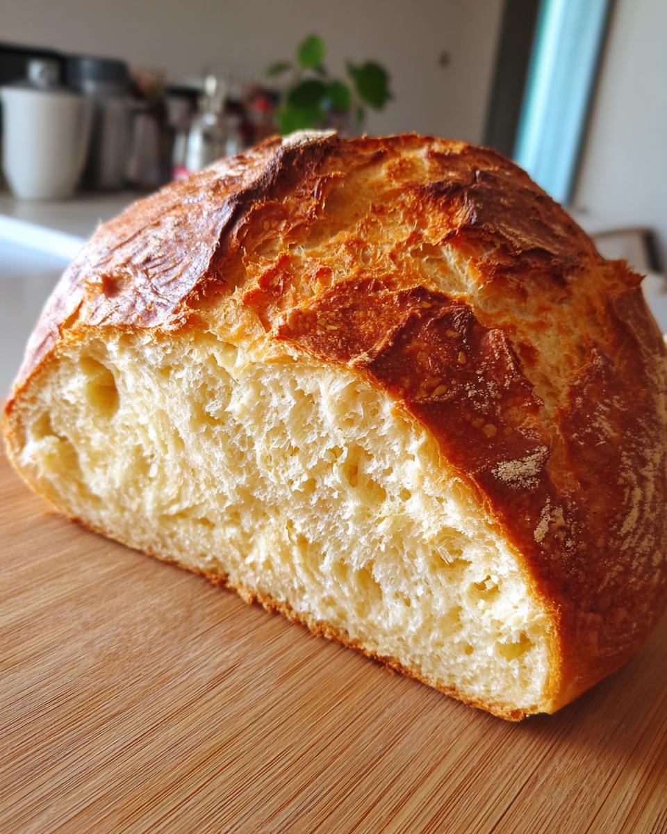 Primer plano de una hogaza de pan casero fácil, dorada y con corteza crujiente, sobre una tabla de madera.