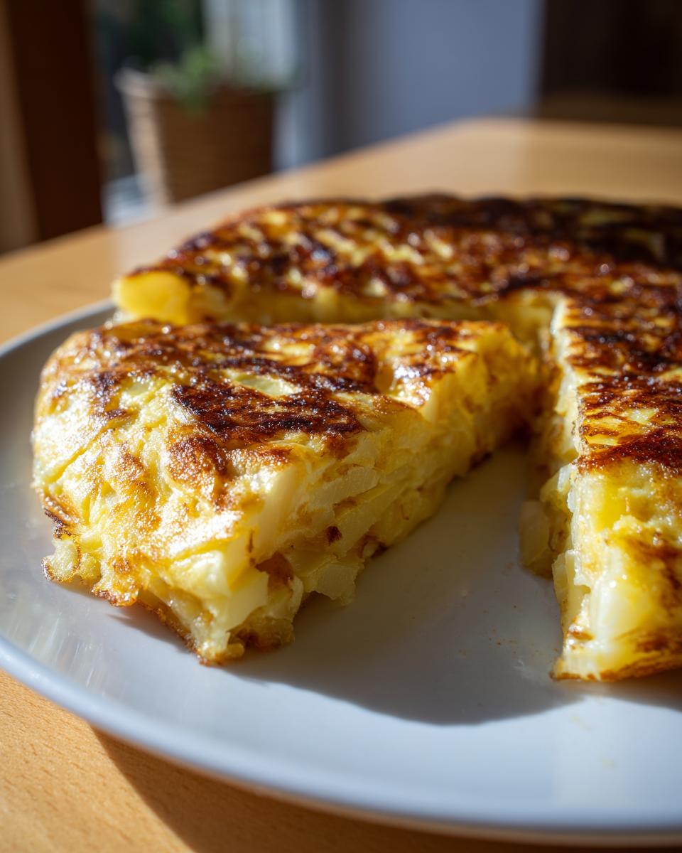 Primer plano de una porción de la receta de tortilla española clásica, mostrando las capas de patata y huevo.