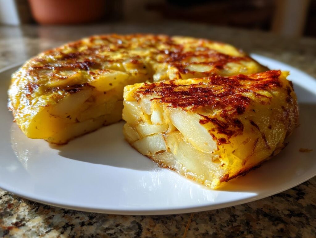 Primer plano de una porción de receta de tortilla española clásica en un plato blanco, mostrando las capas de patata.