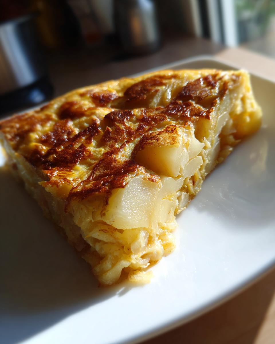 Primer plano de una rebanada de tortilla española clásica, mostrando patatas tiernas y huevo dorado.