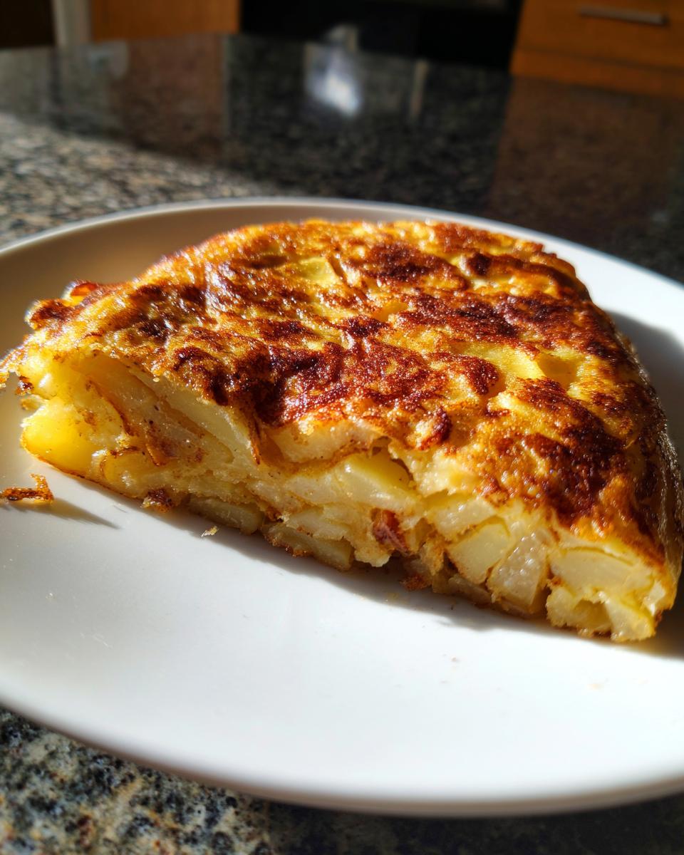 Primer plano de una porción de tortilla española clásica, mostrando patatas cortadas y doradas.