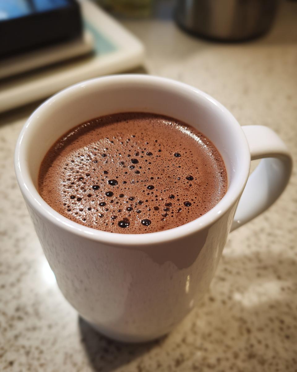 Taza blanca de chocolate caliente espumoso, parte de una receta viral.
