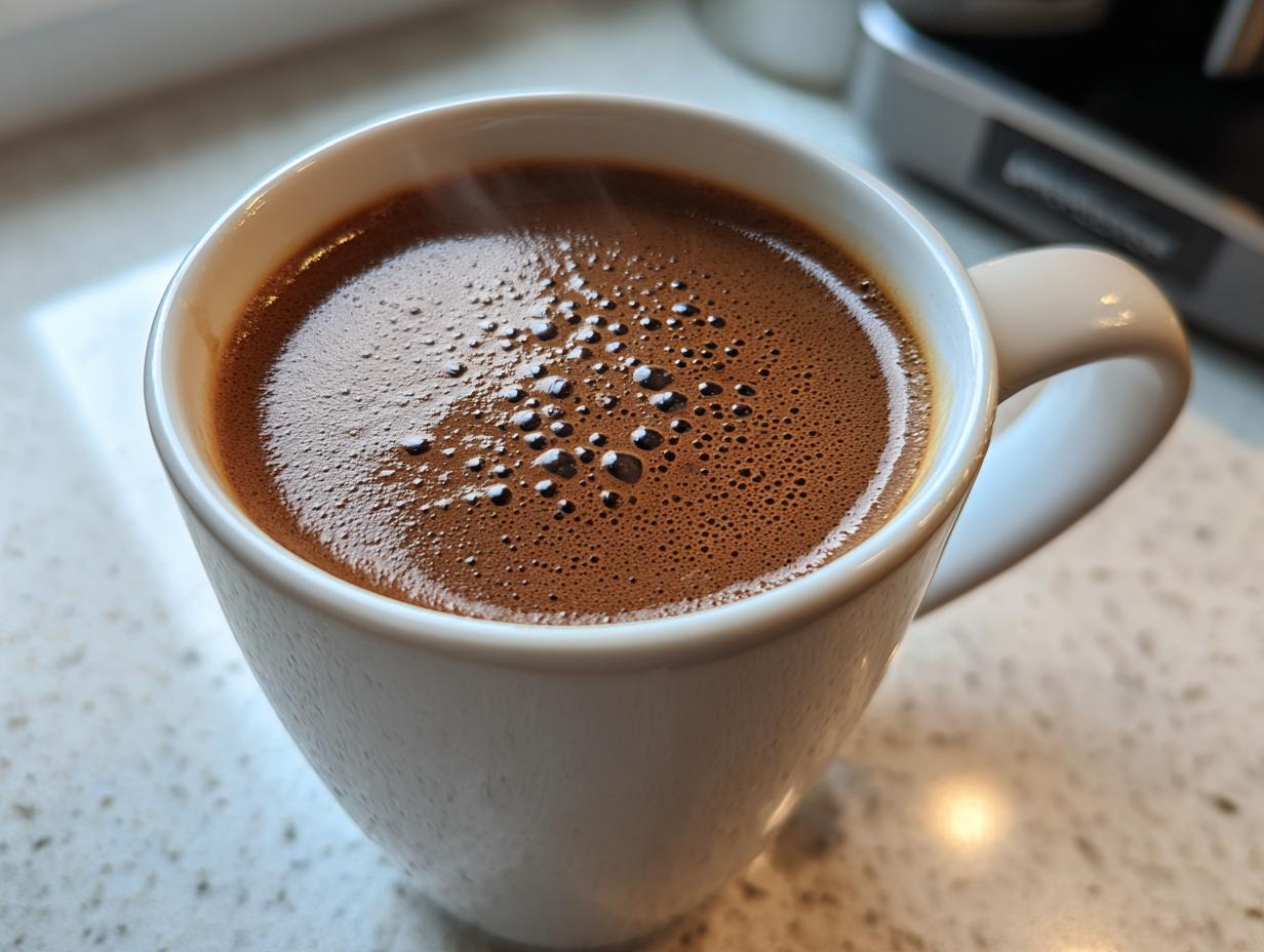 Taza de chocolate caliente humeante con espuma y burbujas, perfecta para la mejor receta viral de chocolate caliente.