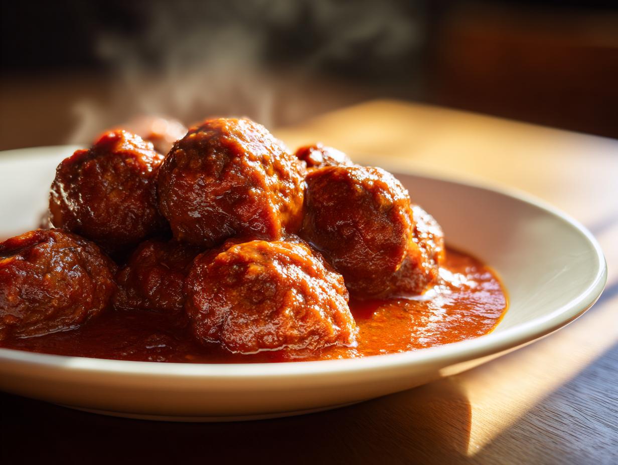 Primer plano de deliciosas albóndigas en salsa, humeantes y listas para servir.
