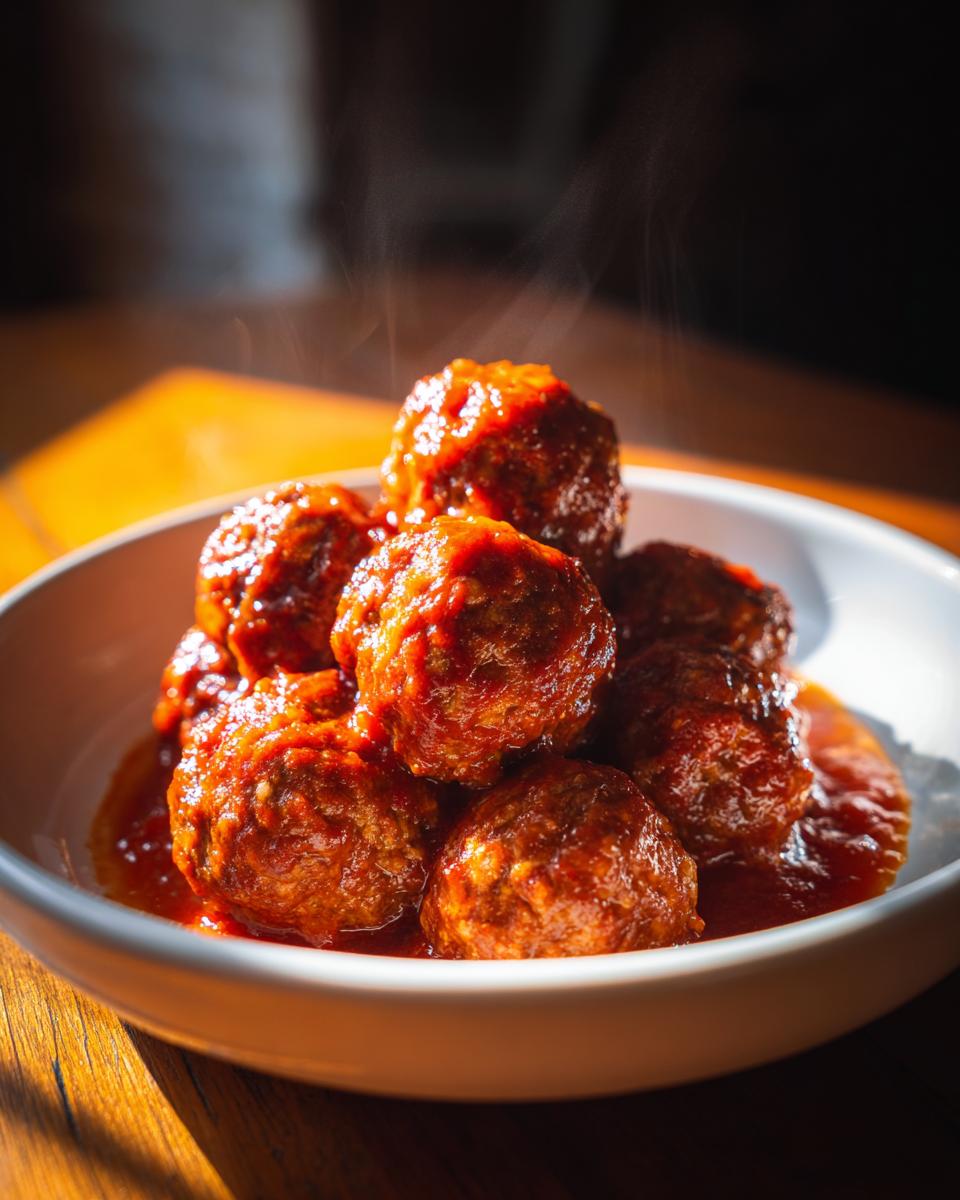 Primer plano de deliciosas albóndigas en salsa roja, humeantes y listas para servir.