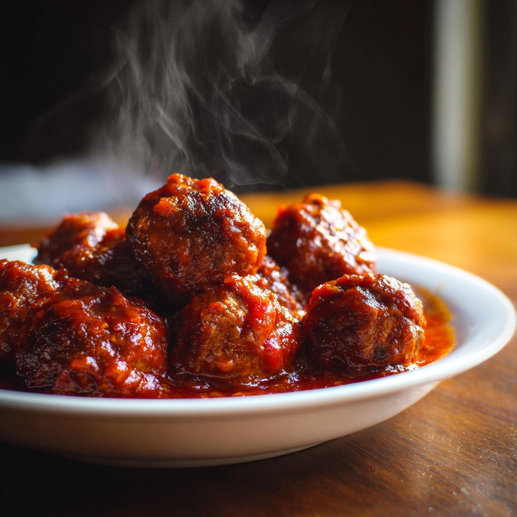 Primer plano de deliciosas recetas de albóndigas en salsa, humeando en un plato blanco.