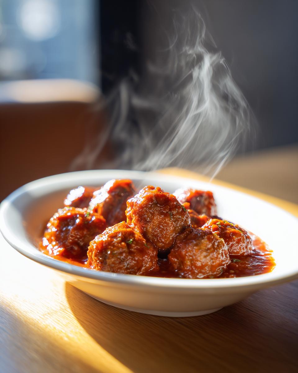 Primer plano de deliciosas recetas de albóndigas en salsa, humeantes y servidas en un cuenco blanco.