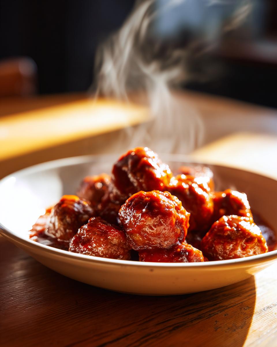 Primer plano de deliciosas recetas de albóndigas en salsa, humeantes y servidas en un cuenco.