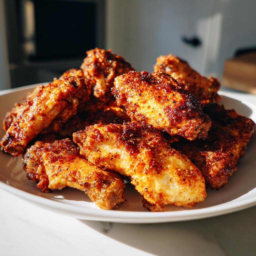 Primer plano de alitas de pollo crujientes y doradas, cubiertas con especias, listas para servir.