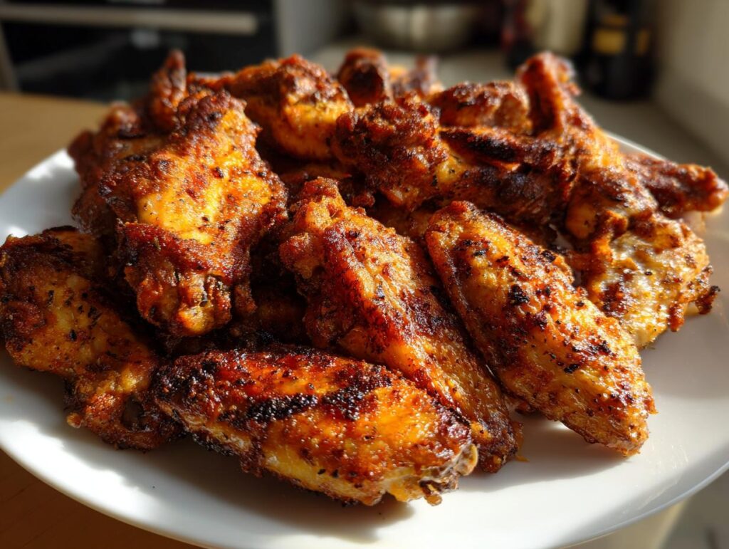 Plato lleno de alitas de pollo crujientes y doradas, listas para disfrutar.