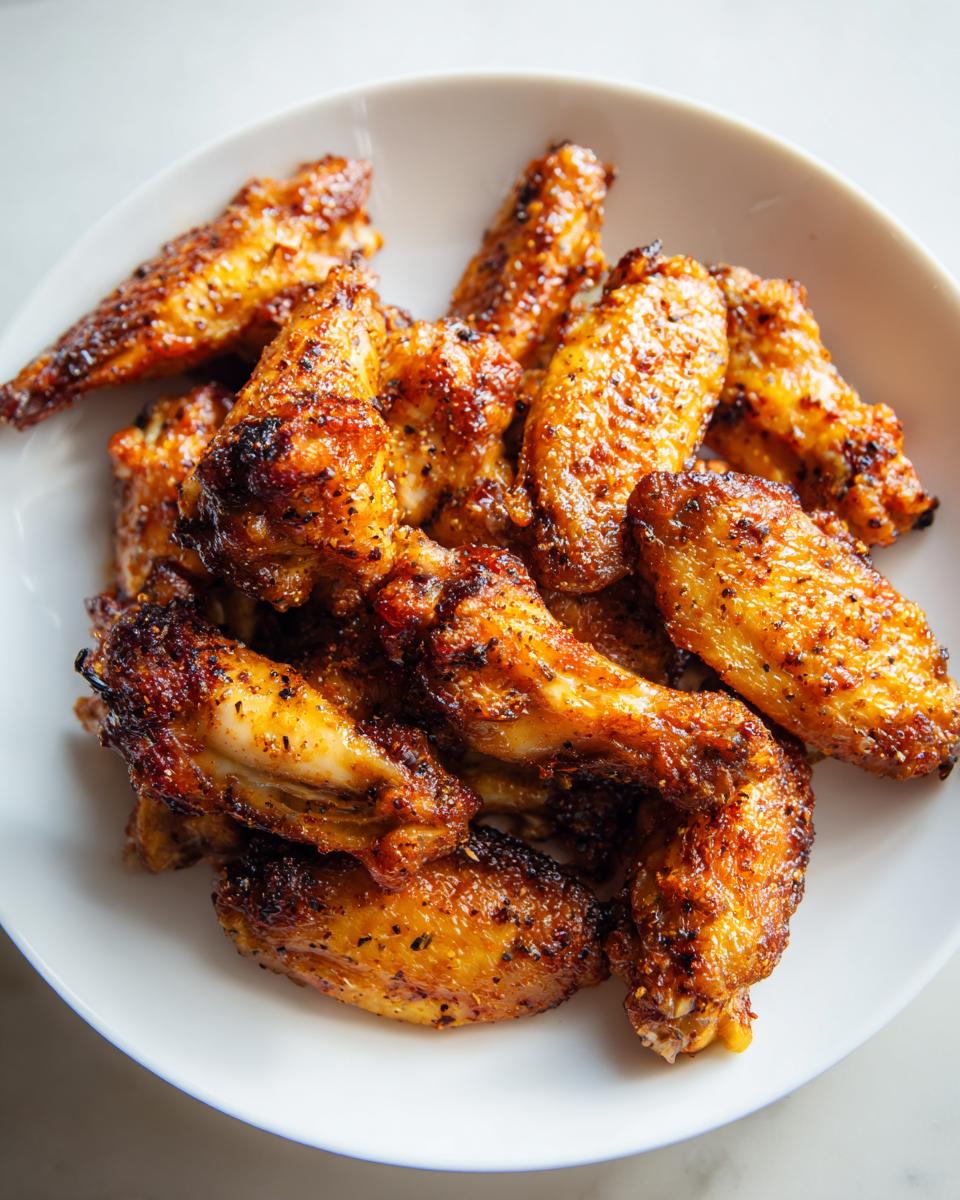 Primer plano de alitas de pollo crujientes y doradas, sazonadas con especias, servidas en un plato blanco.