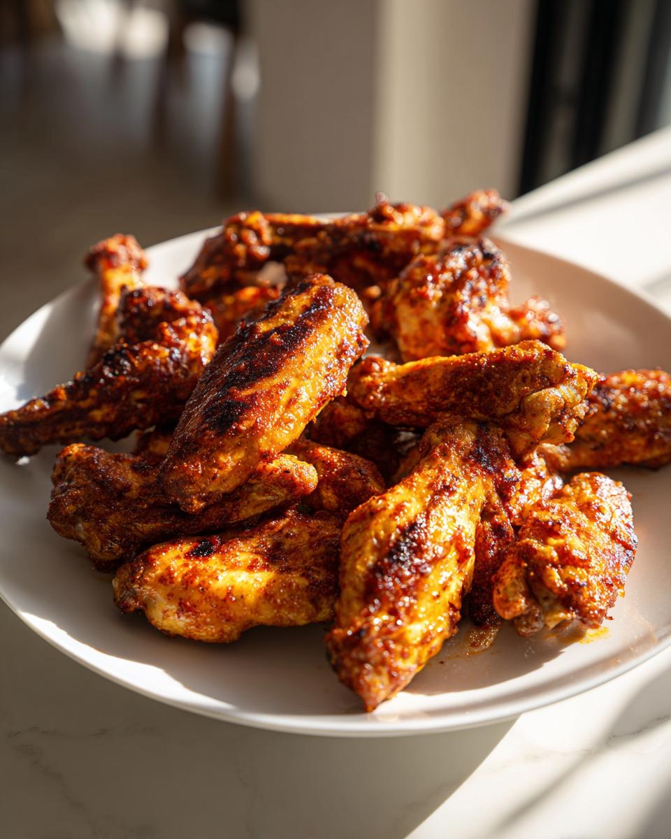 Plato lleno de alitas de pollo crujientes y doradas, perfectas para cualquier ocasión.
