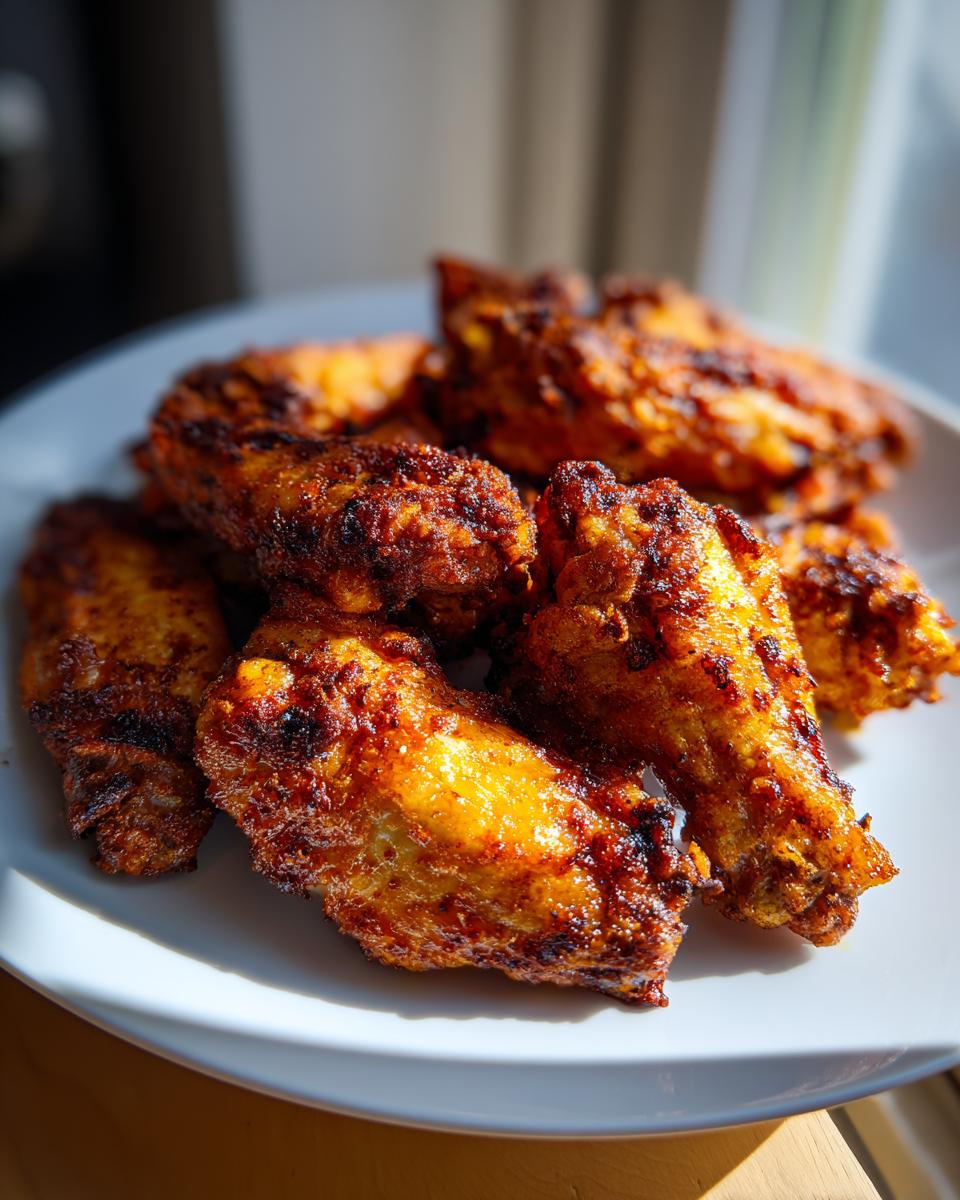 Primer plano de alitas de pollo crujientes y doradas en un plato blanco, listas para servir.