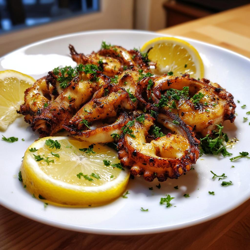 Primer plano de deliciosas recetas de calamares a la plancha, servidos con rodajas de limón fresco y perejil picado.