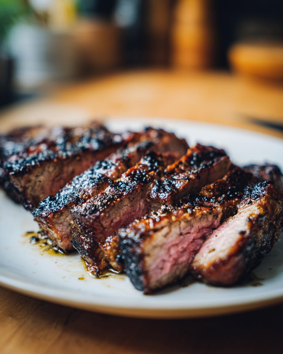 Rodajas de carne asada jugosa y bien dorada servidas en un plato blanco.