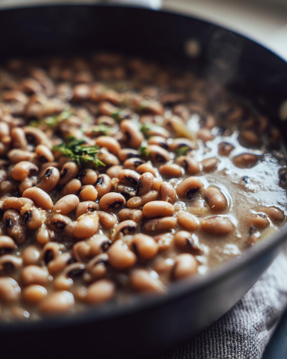 Primer plano de frijoles caritas cocidos en una sartén, con hierbas verdes espolvoreadas encima.