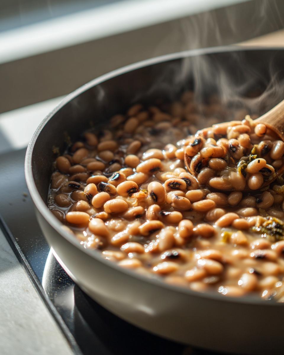 Primer plano de frijoles caritas cocinándose en una sartén con vapor saliendo, removidos con una cuchara de madera.