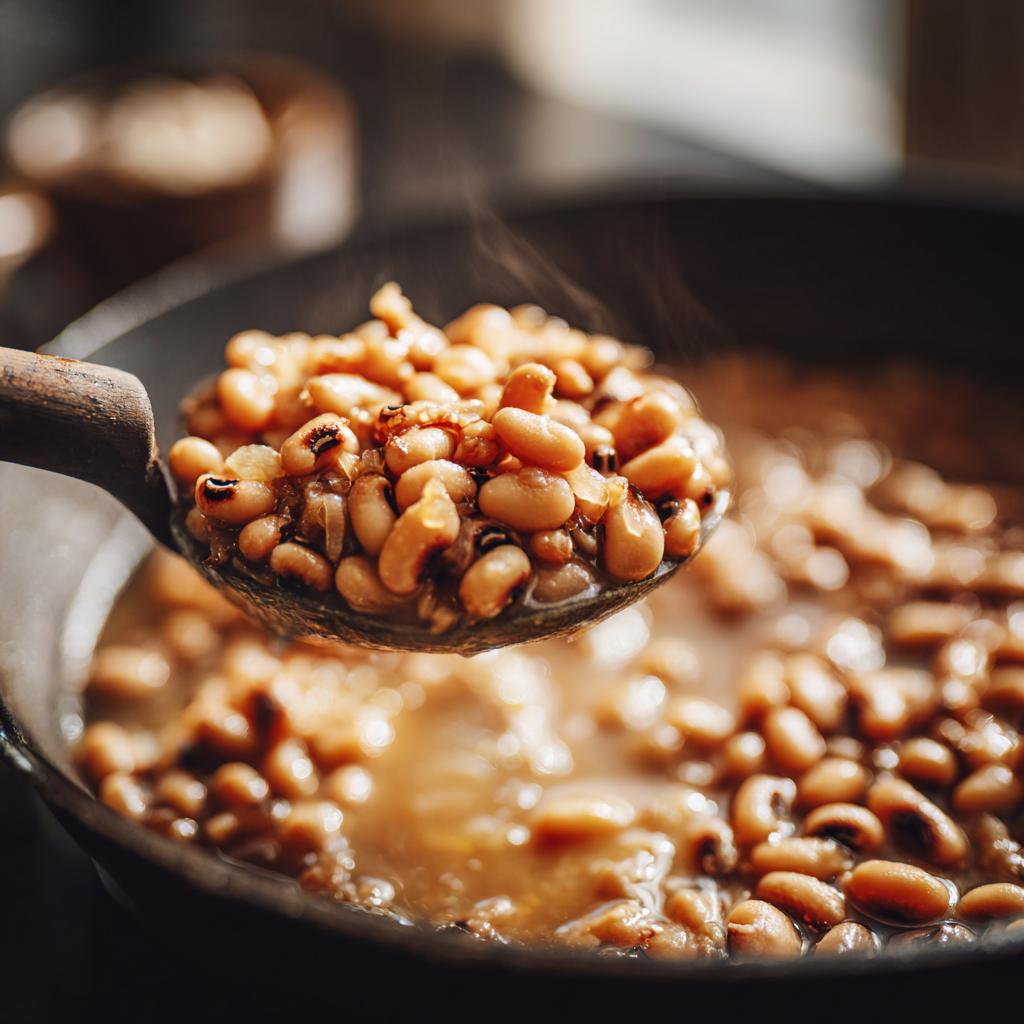 Primer plano de una cuchara de madera llena de frijoles caritas humeantes cocinándose en una sartén.