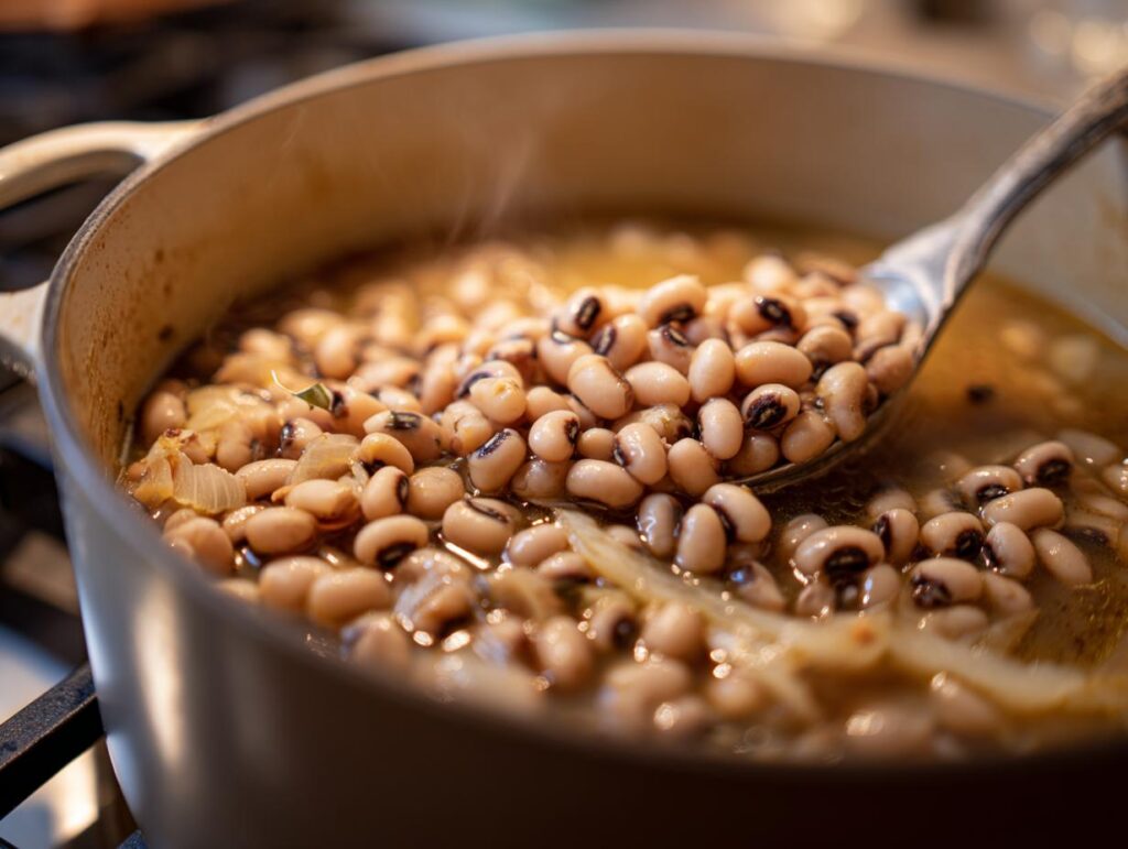 Primer plano de frijoles caritas cocinándose en una olla con cebolla y caldo, una cuchara sirve los frijoles.