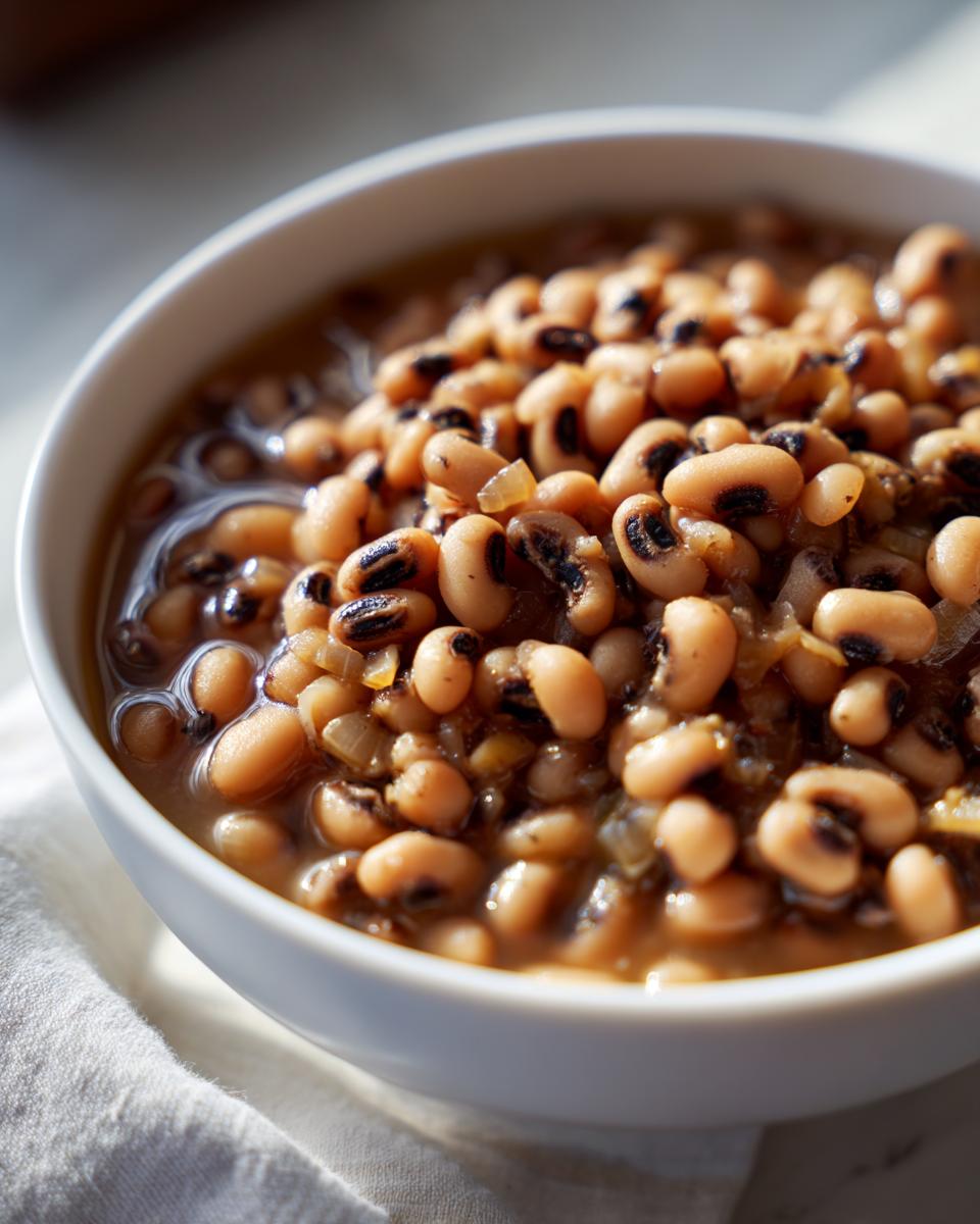 Primer plano de un tazón blanco lleno de frijoles caritas cocidos con un poco de líquido y cebolla.