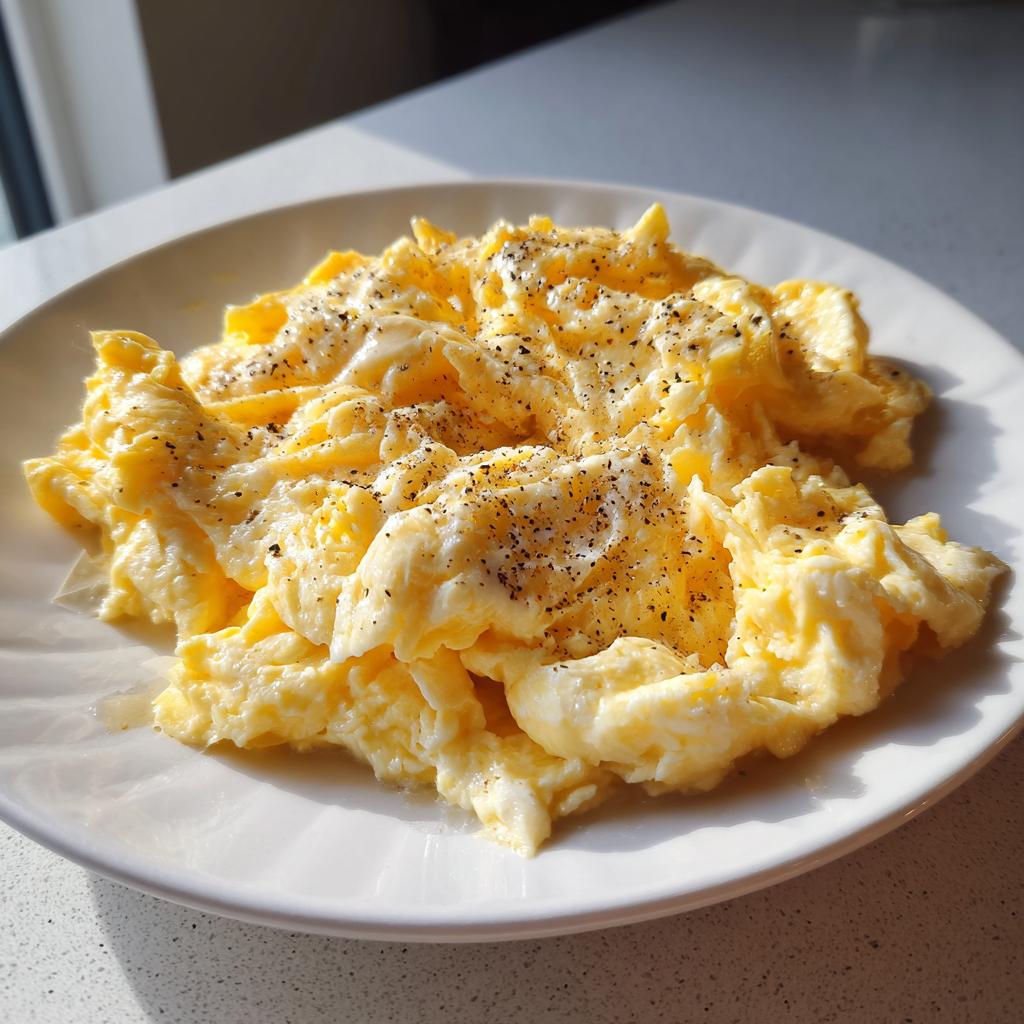 Primer plano de huevos revueltos cremosos y sazonados con pimienta negra en un plato blanco.