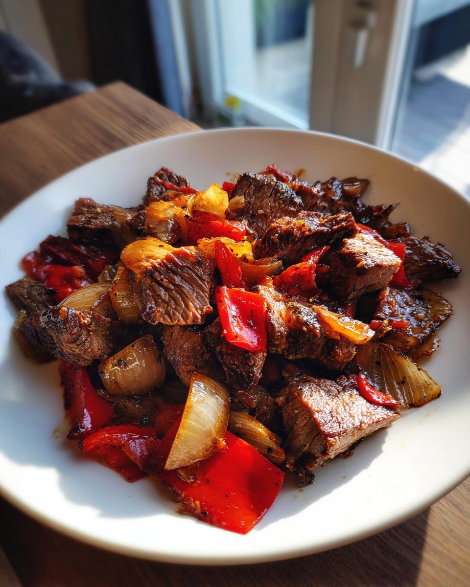 Primer plano de un plato de carne de prime rib sobrante salteada con pimientos rojos y cebolla.