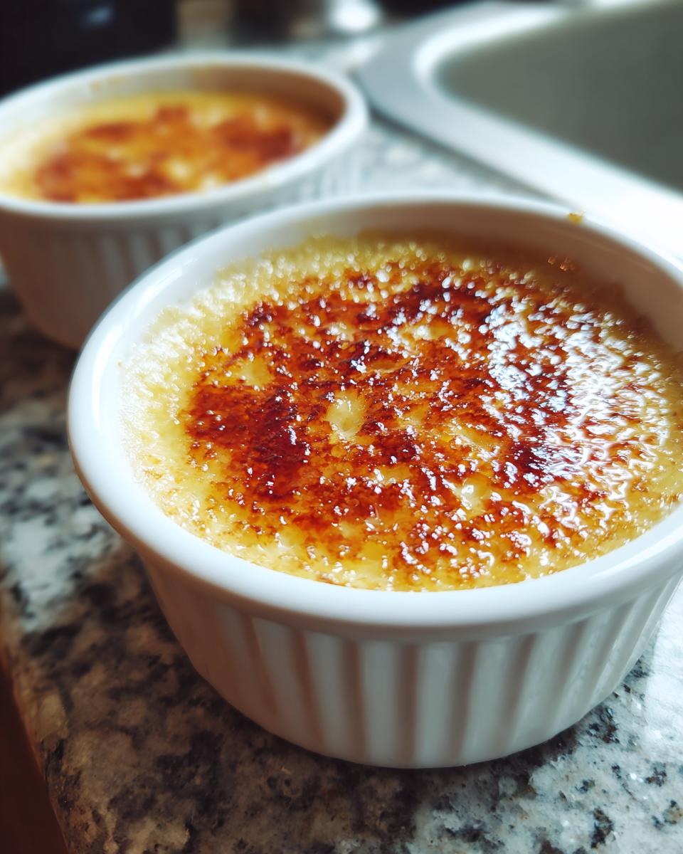 Primer plano de dos ramequines con crema catalana casera, con la superficie de azúcar caramelizado dorada y crujiente.