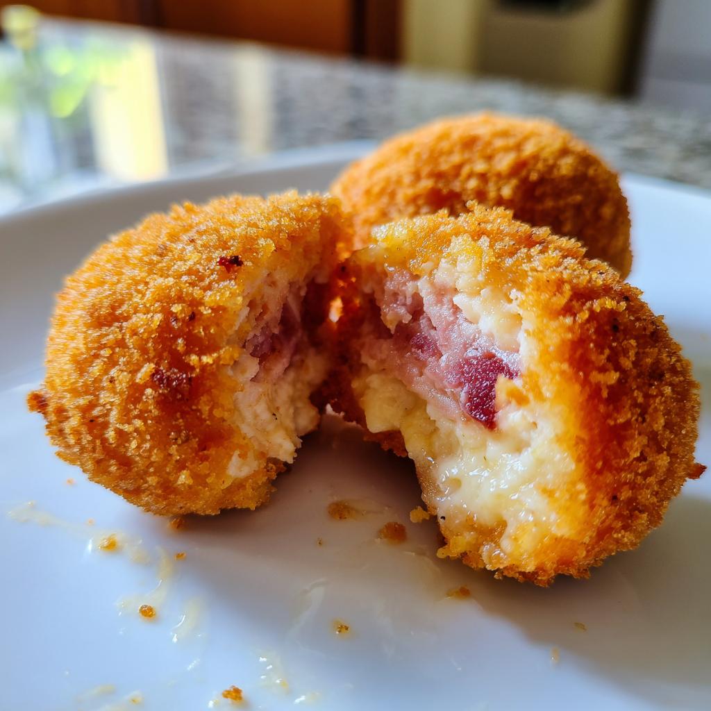 Primer plano de croquetas de jamón caseras, una abierta mostrando su interior cremoso y trozos de jamón.