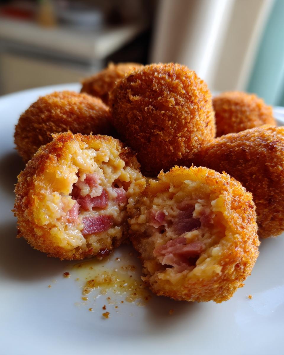 Primer plano de croquetas de jamón caseras, una rota mostrando el interior cremoso con trozos de jamón.