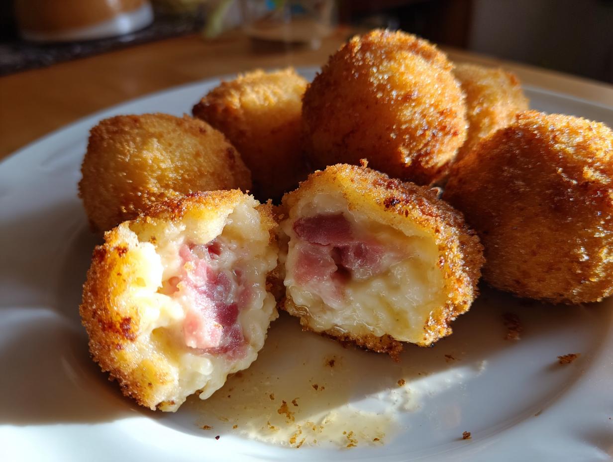 Primer plano de croquetas de jamón caseras, una abierta mostrando el interior cremoso y trozos de jamón.