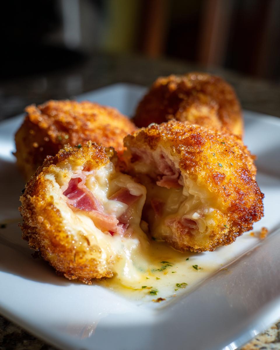 Primer plano de croquetas de jamón caseras, una abierta mostrando jamón y queso derretido.