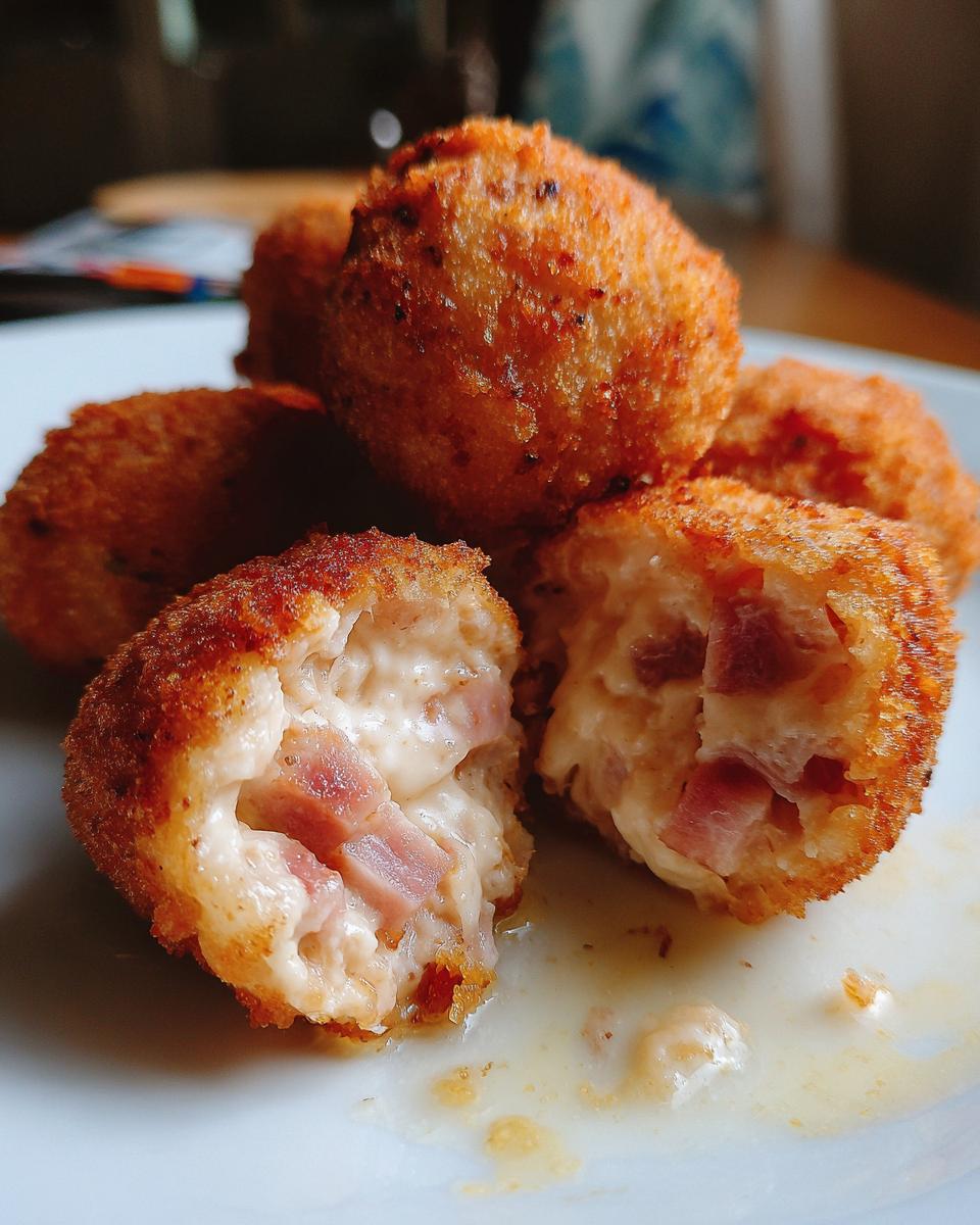 Primer plano de croquetas de jamón caseras, una abierta mostrando el relleno cremoso y trozos de jamón.