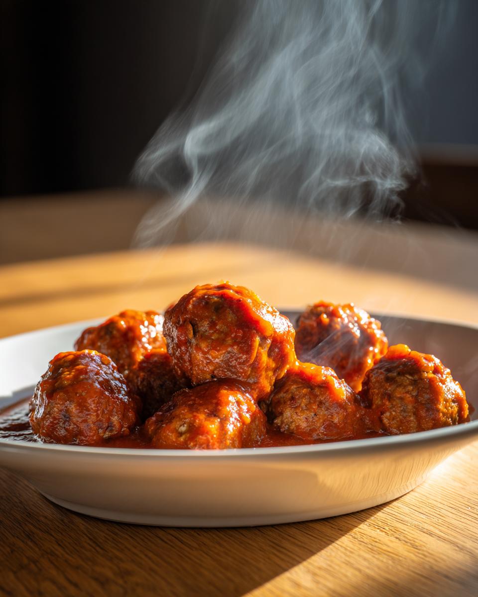 Primer plano de deliciosas albóndigas caseras en una rica salsa de tomate, con vapor saliendo de ellas.