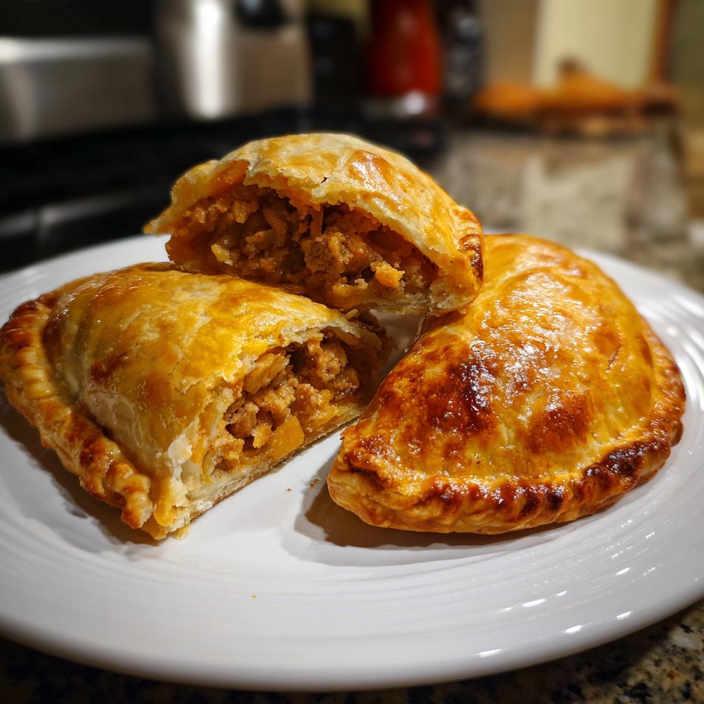 Primer plano de empanadas españolas caseras doradas y rellenas de carne picada y verduras.