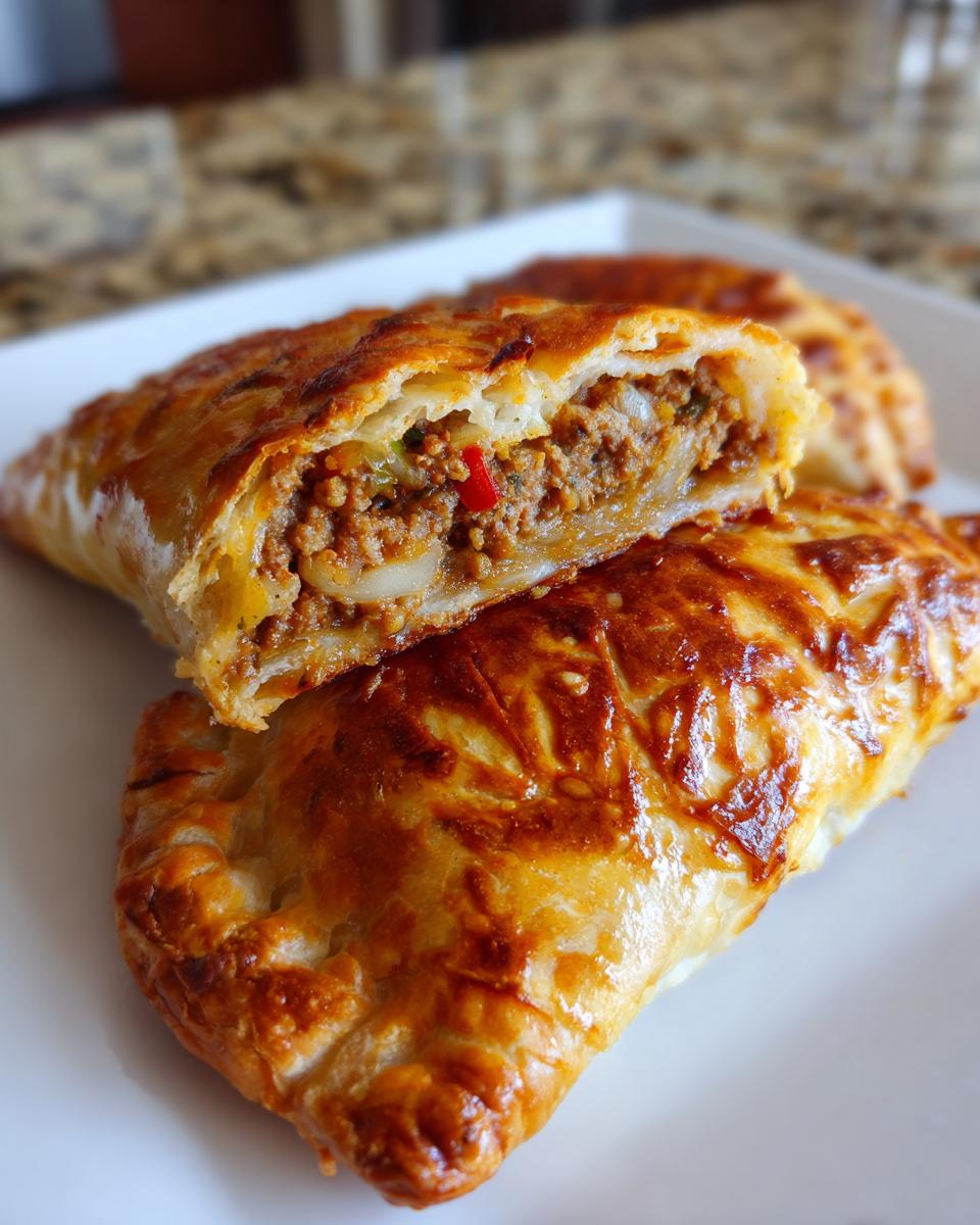 Primer plano de empanadas españolas caseras rellenas de carne, con masa dorada y crujiente.